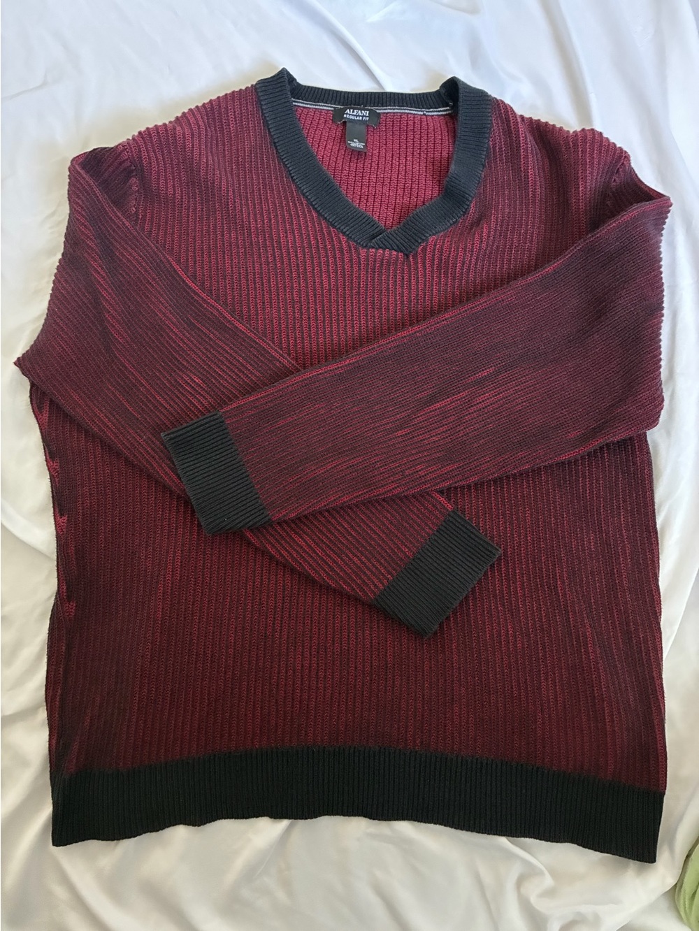 Alfani Men's Wine Red V-Neck Sweater with Black Trim. 100% cotton